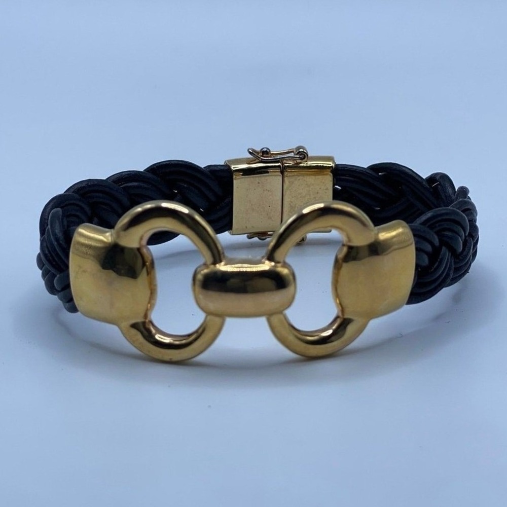 Milor Italy Equestrian Black Braided Leather Horsebit Bracelet Gold Tone - 7.25"